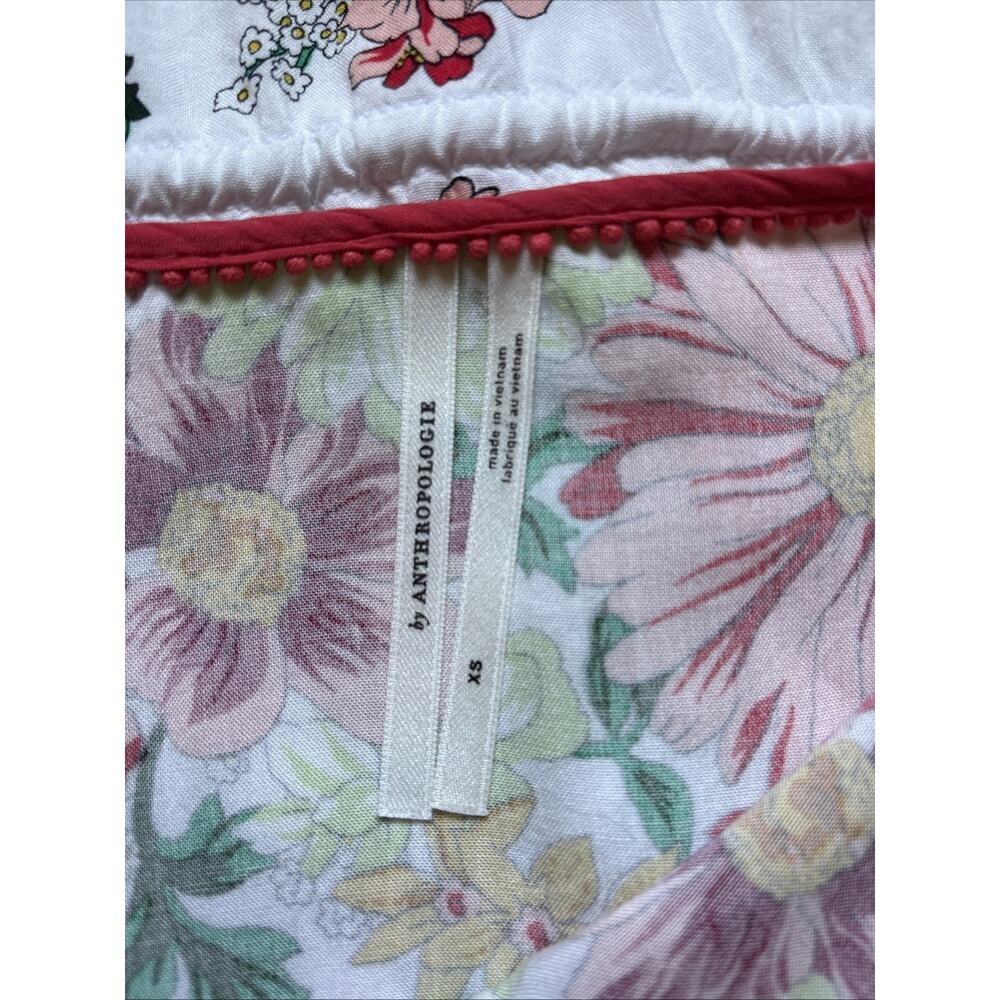 Anthropologie Floral Drawstring Blouse Womens XS Colorful Tassel Boho Peasant - Picture 7 of 9